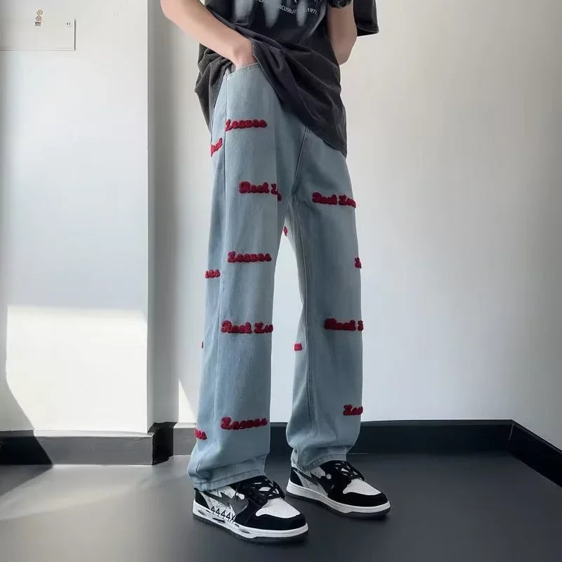 Jean brodé de lettres gothiques pour hommes, pantalon en denim baggy, droit, jambe large, mode de rue, hip hop, bleu, Y2K, automne