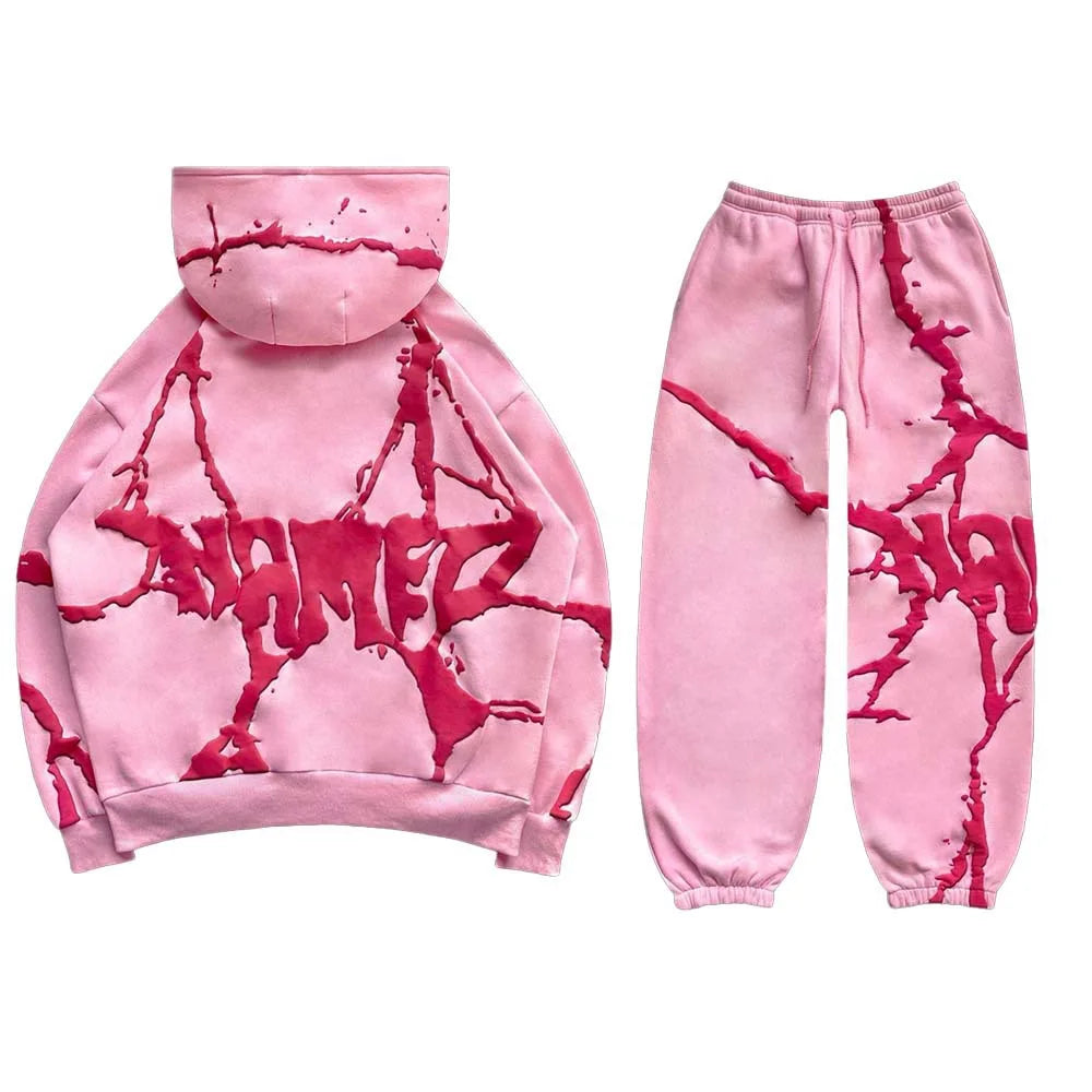2025 transfrontalier européen et américain automne et hiver nouveau sweat à capuche imprimé mousse Vintage épaissi ensemble ample pour hommes en Stock