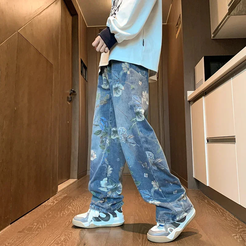 Jean imprimé Floral pour hommes, pantalon en Denim Vintage Y2K, mode Hip Hop, Baggy à jambes larges, Streetwear, nouvelle collection automne 2024