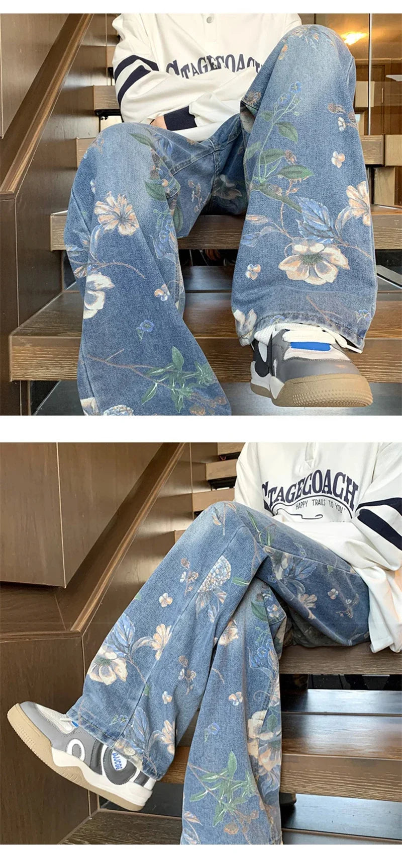 Jean imprimé Floral pour hommes, pantalon en Denim Vintage Y2K, mode Hip Hop, Baggy à jambes larges, Streetwear, nouvelle collection automne 2024