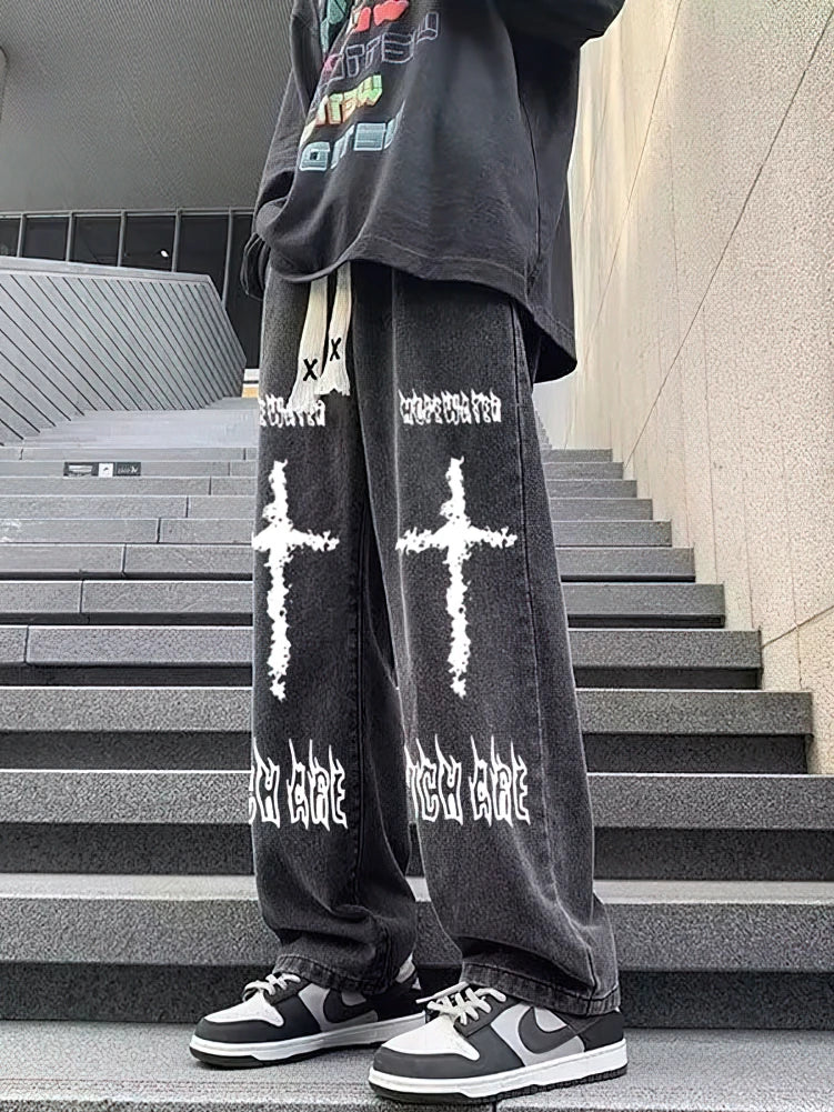 Pantalon en jean Baggy noir imprimé pour hommes, droit, surdimensionné, graphique décontracté, jambes larges, Denim, Long, coréen, cordon de serrage, survêtement