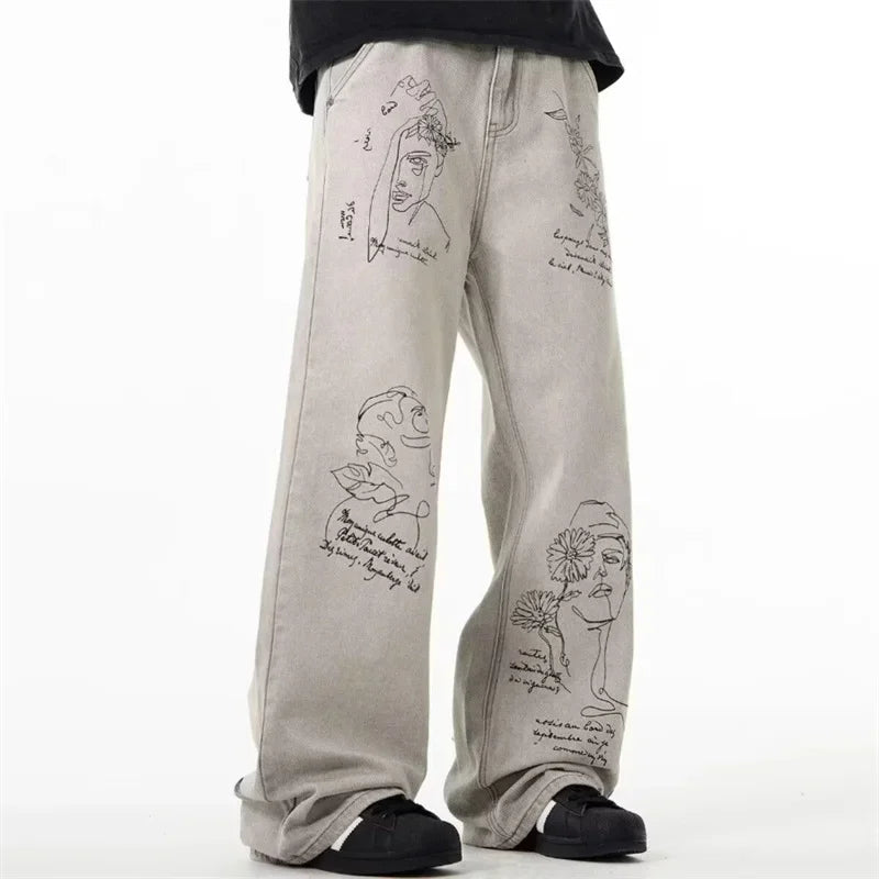 Jean imprimé graphique graffiti rétro américain pour hommes, pantalon en denim baggy, mode Harajuku, streetwear Y2K, DistMurcia, fjgy