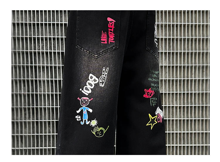 Nouvelle mode enfants jean noir avec dessin pour garçons filles décontracté Streetwear Denim pantalon unisexe enfant coupe droite jean pantalon
