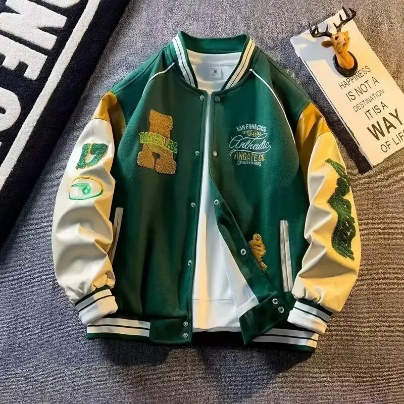Veste en laine pour hommes, uniforme de Baseball bloqué de couleur, brodé, Vintage coréen, Patchwork, manteau en cuir, vêtements pour hommes, printemps automne