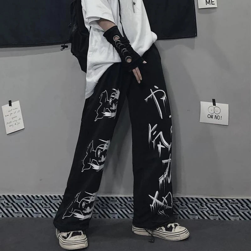 Pantalon de survêtement noir imprimé japonais Y2k pour homme, Streetwear, jambes larges, Baggy surdimensionné, décontracté, Sport, 2023