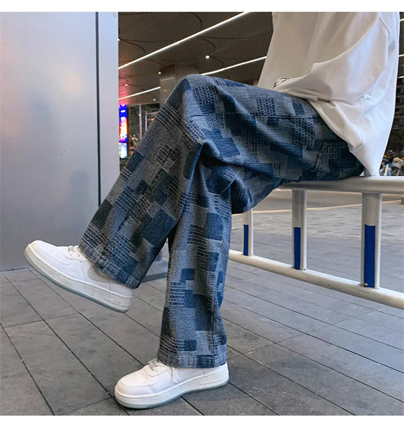 Jean à carreaux bleu noir pour hommes, Vintage, jambes larges, High Street, ample, droit, Hip Hop, automne Y2K