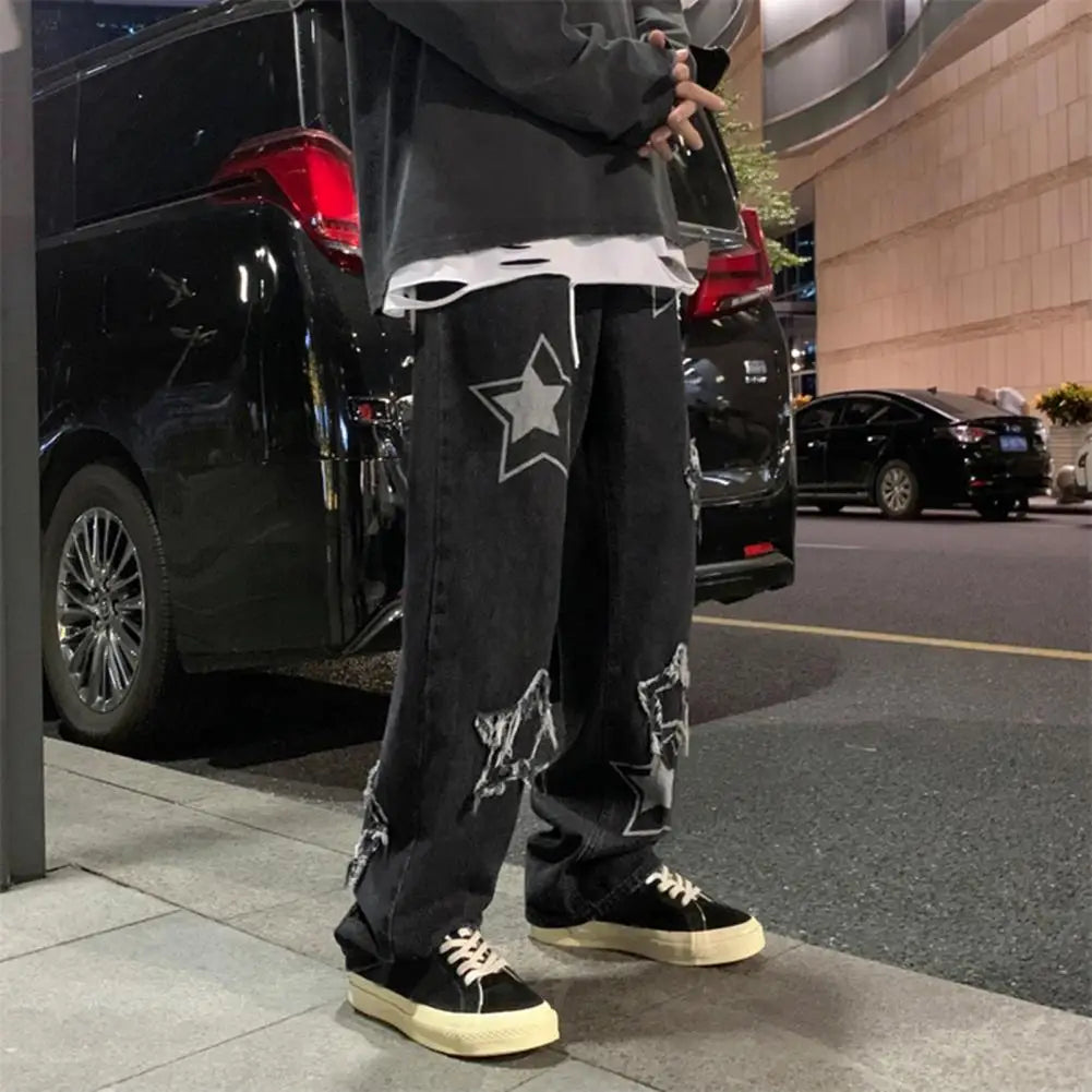 Pantalon en Denim pour hommes, motif étoile à cinq points, broderie, jambes larges, Streetwear, couleur unie, taille moyenne, Baggy, jean droit
