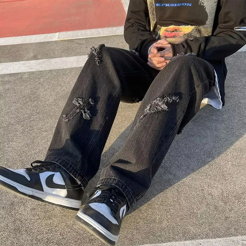 Jean en Denim à jambes droites pour hommes, nouvelle mode décontractée, ample, pantalon Y2k, jambes larges, Hip Hop, noir, bleu