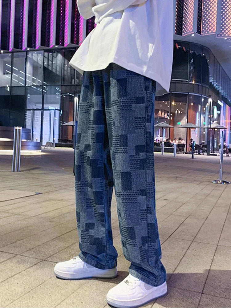 Jean à carreaux bleu noir pour hommes, Vintage, jambes larges, High Street, ample, droit, Hip Hop, automne Y2K