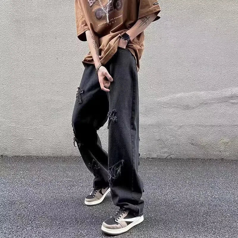 Jean en Denim à jambes droites pour hommes, nouvelle mode décontractée, ample, pantalon Y2k, jambes larges, Hip Hop, noir, bleu