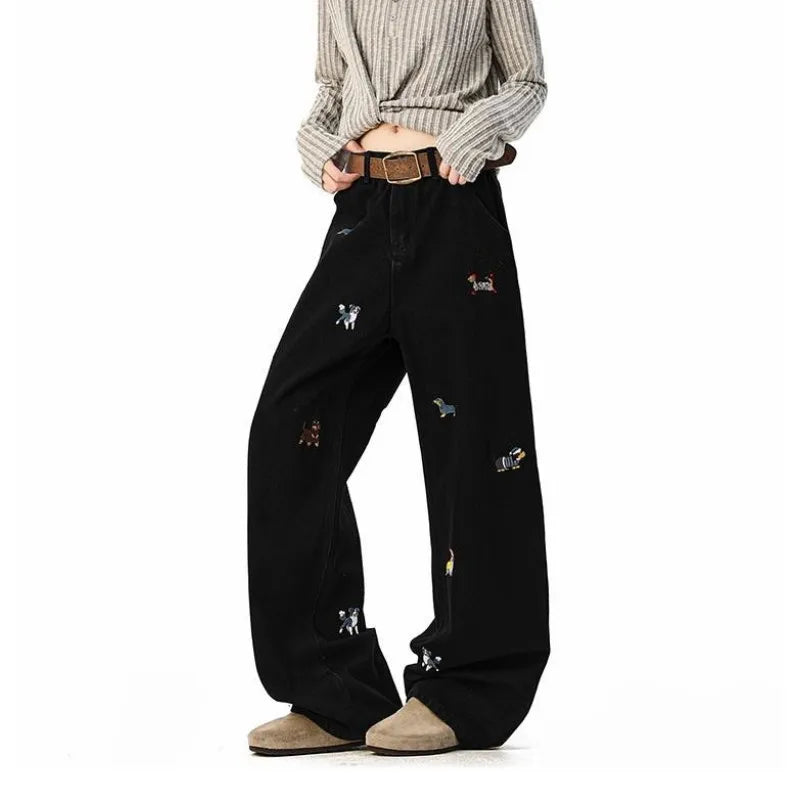 【Mirrordust】 Jean Vintage brodé de Style américain pour hommes, pantalon ample à jambes larges, polyvalent, longueur au sol