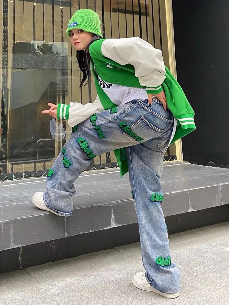 Feynzz broderie haute rue style hiphop flocage jean automne pantalon à jambes larges pour hommes et femmes taille haute jeans mode