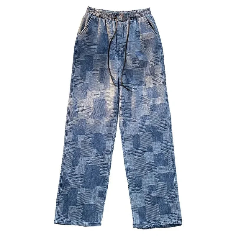 Jean à carreaux bleu noir pour hommes, Vintage, jambes larges, High Street, ample, droit, Hip Hop, automne Y2K