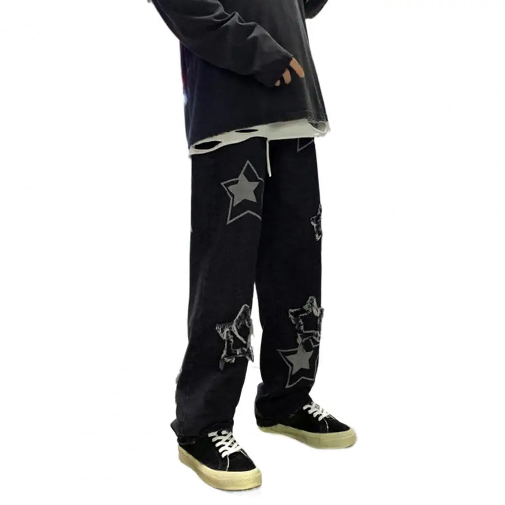 Pantalon en Denim pour hommes, motif étoile à cinq points, broderie, jambes larges, Streetwear, couleur unie, taille moyenne, Baggy, jean droit