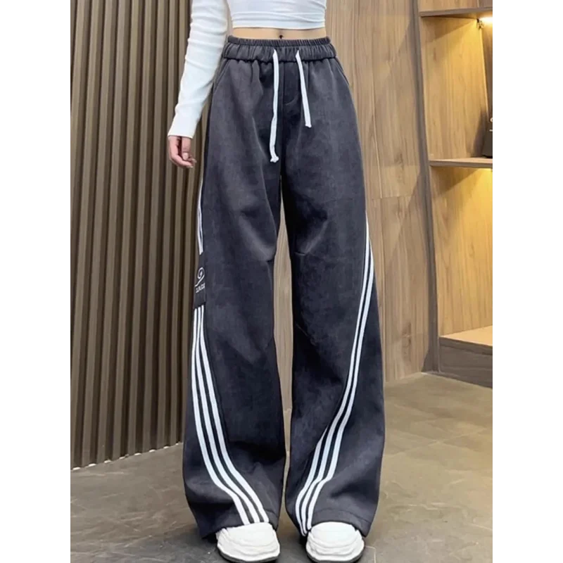 Taille élastique pantalons décontractés femmes automne nouveau trois rayures jambe large pantalons de survêtement polyvalent jambe droite longueur de plancher pantalon