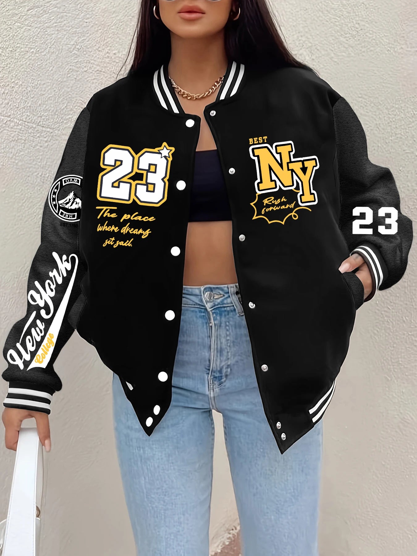 Veste imprimée New York Art Letter 23 pour femme, Harajuku Smile Baseball Jersey, Button Personality Streetwear, Vintage At Clothing