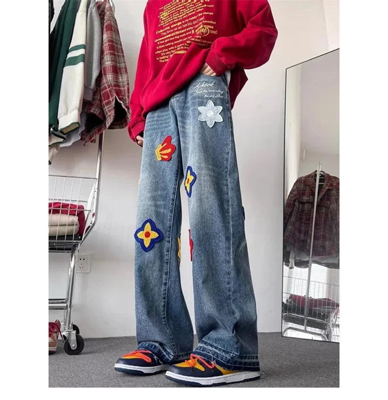 Jean droit bleu brodé de fleurs pour hommes et femmes, jean baggy, streetwear vintage, mode hip hop, automne, fjwomen, Y2K