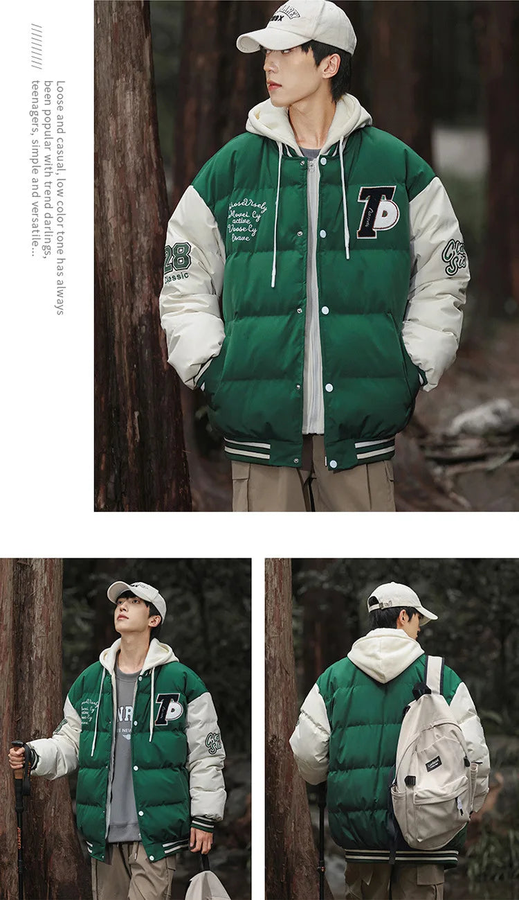 2025 nouvelle veste en coton hommes hiver jeunesse épaissi vers le bas manteau à capuche faux deux pièces mode Parka décontractée vêtements d'extérieur chauds grande taille
