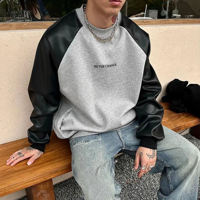 Pulls en cuir à col rond pour hommes, pulls College de lettres rétro américaines, vêtements décontractés basiques, printemps et automne, patchwork, adt PVD