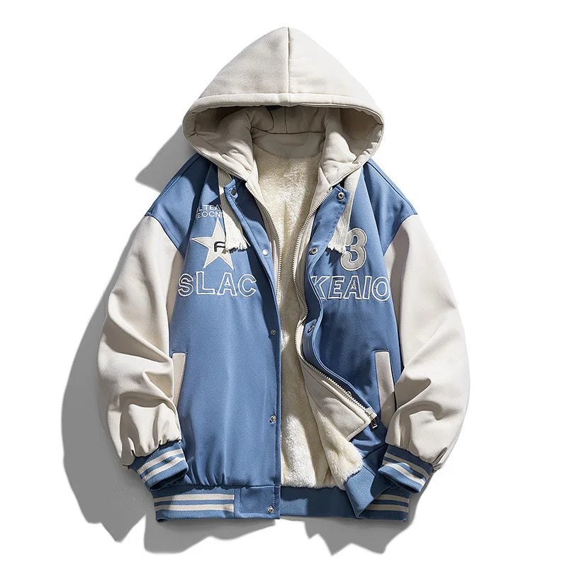 Nouvelle mode hommes Streetwear à capuche vestes de Baseball polaire chaud hiver vestes mâle faux deux pièces lâche manteaux décontractés 3XL