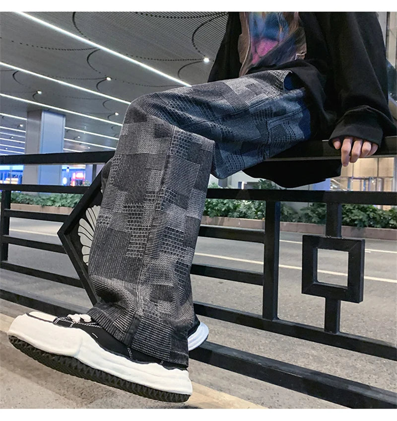 Jean à carreaux bleu noir pour hommes, Vintage, jambes larges, High Street, ample, droit, Hip Hop, automne Y2K