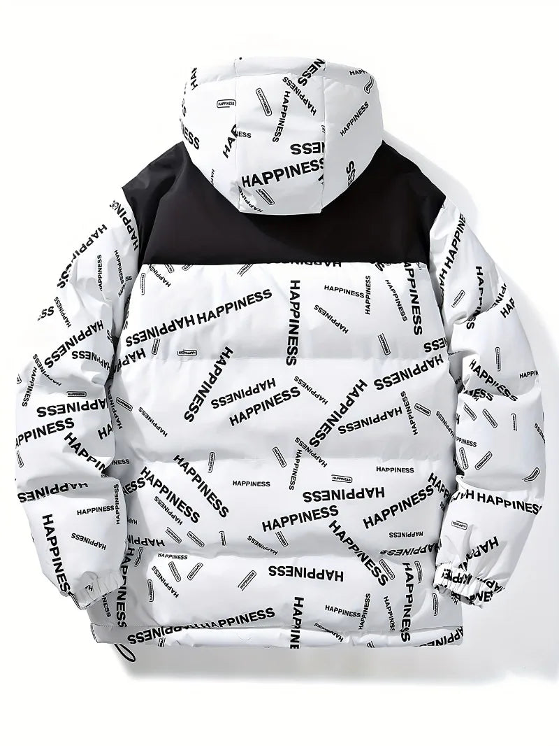 Veste à capuche épaisse coupe-vent pour hommes avec poches et cordon de serrage décontracté lettre imprimée vêtements d'extérieur polyvalents chaud et élégant pour décontracté