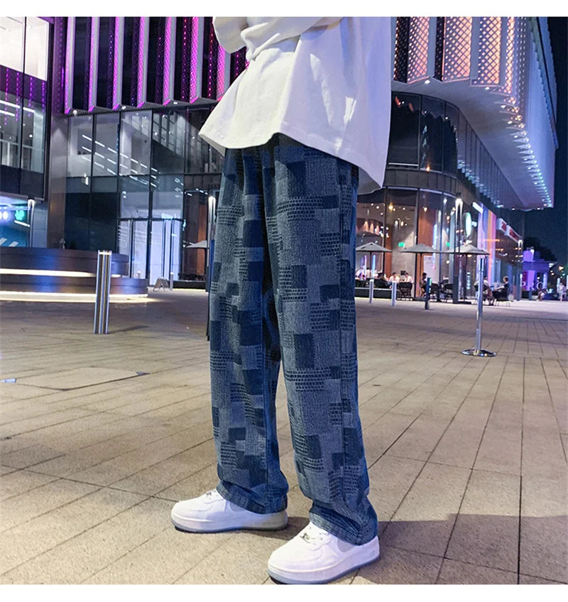 Jean à carreaux bleu noir pour hommes, Vintage, jambes larges, High Street, ample, droit, Hip Hop, automne Y2K