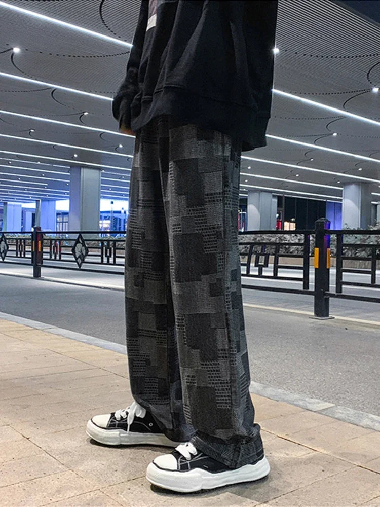 Jean à carreaux bleu noir pour hommes, Vintage, jambes larges, High Street, ample, droit, Hip Hop, automne Y2K