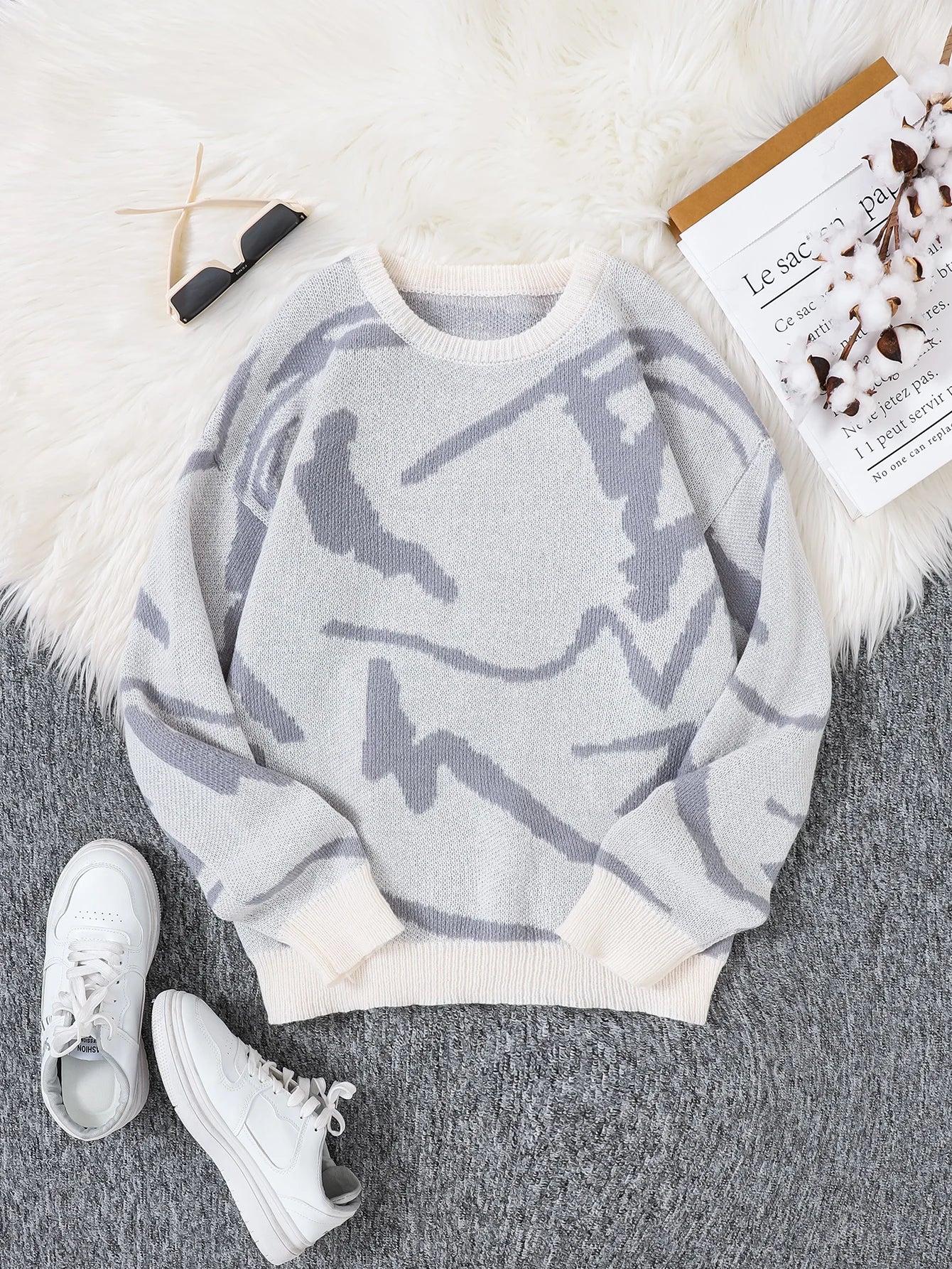 Nouveau populaire printemps automne Graffiti Jacquard motif pull pull décontracté col rond contraste couleur tricoté hommes pull