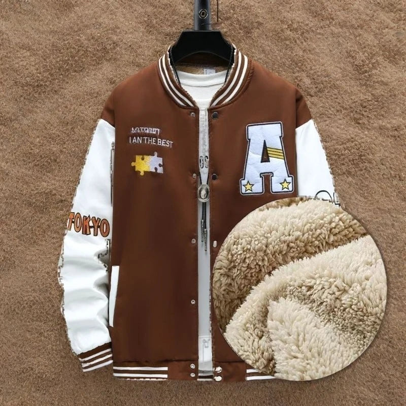 Vestes polaires Vintage à col de Baseball pour hommes, lettres brodées, loisirs, sport, manteau épais en peau d'agneau, veste de moto surdimensionnée