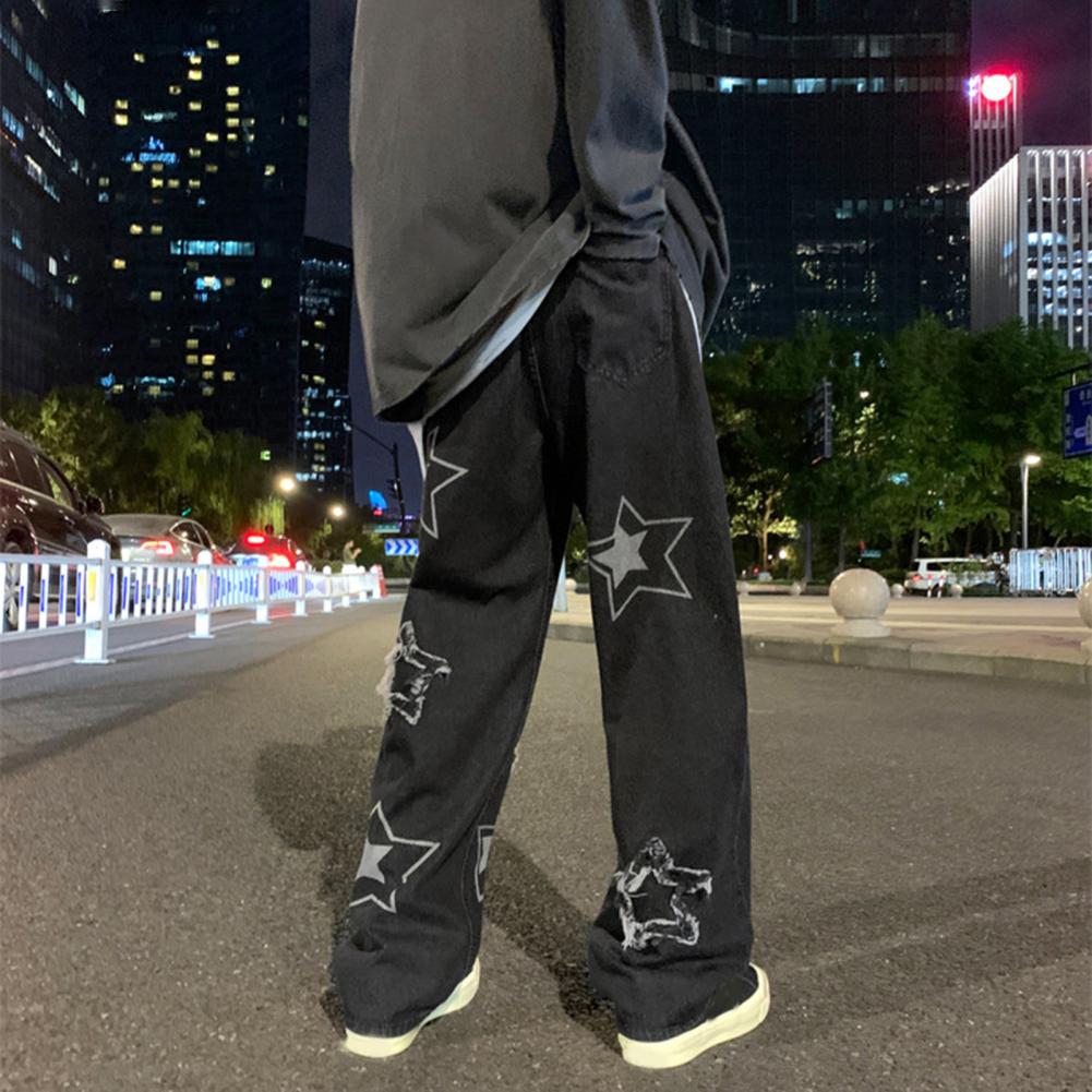 Pantalon en Denim pour hommes, motif étoile à cinq points, broderie, jambes larges, Streetwear, couleur unie, taille moyenne, Baggy, jean droit