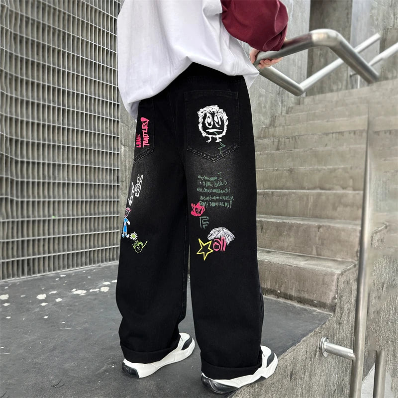 Nouvelle mode enfants jean noir avec dessin pour garçons filles décontracté Streetwear Denim pantalon unisexe enfant coupe droite jean pantalon