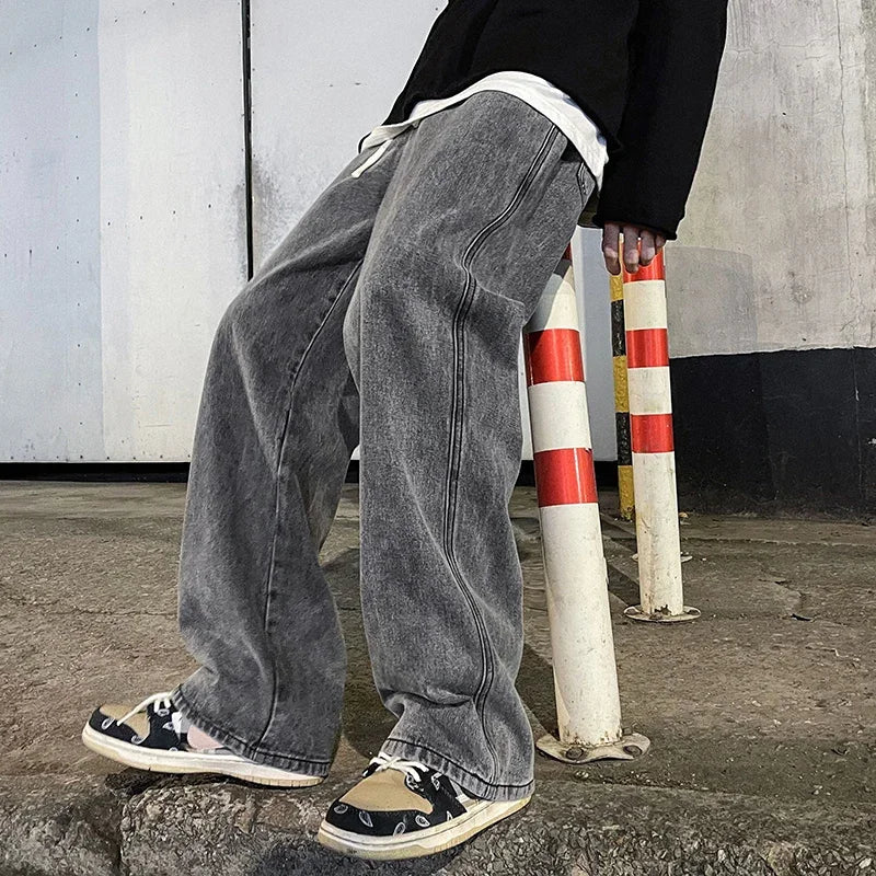 Jean ample pour hommes, Streetwear, Style coréen, mode, ample, droit, jambes larges, vêtements de marque, noir, bleu clair, nouvelle collection 2025