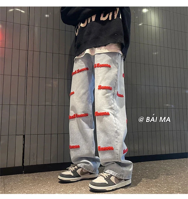 Jean brodé de lettres gothiques pour hommes, pantalon en denim baggy, droit, jambe large, mode de rue, hip hop, bleu, Y2K, automne