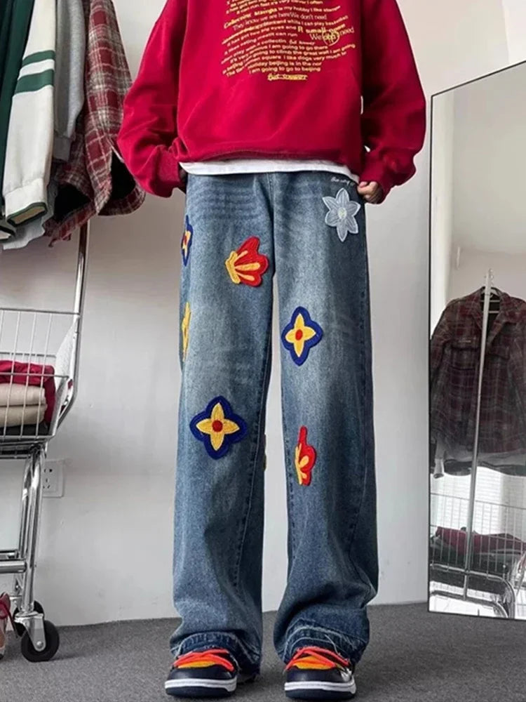 Jean droit bleu brodé de fleurs pour hommes et femmes, jean baggy, streetwear vintage, mode hip hop, automne, fjwomen, Y2K
