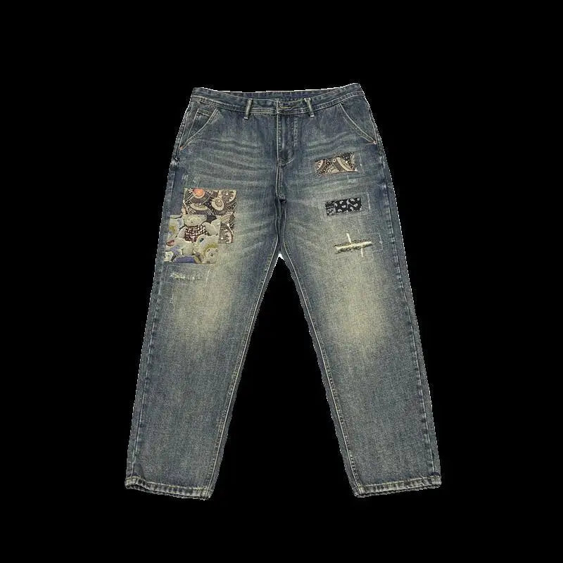 Jean ample à jambes droites pour hommes, rétro américain, avec trous déchirés, tissu patch, pantalon Long polyvalent, été 2025