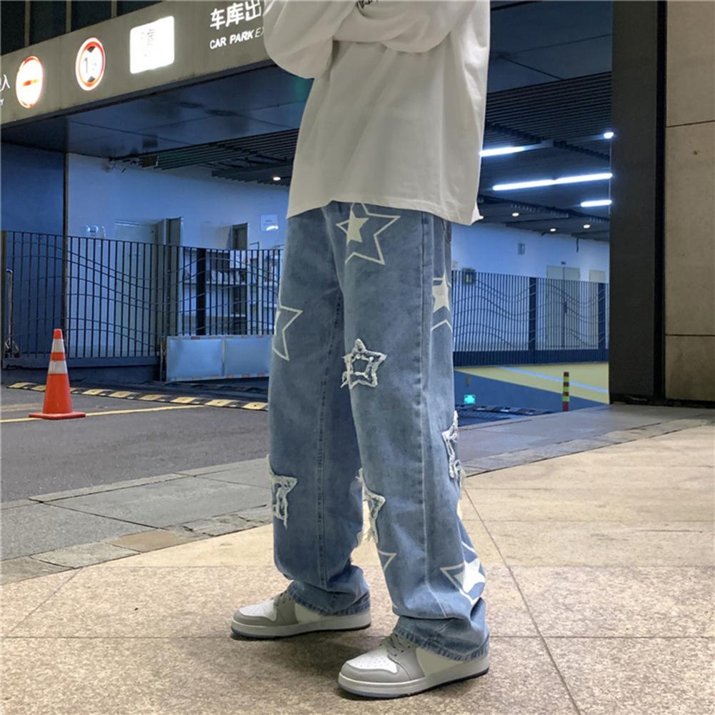 Pantalon en Denim pour hommes, motif étoile à cinq points, broderie, jambes larges, Streetwear, couleur unie, taille moyenne, Baggy, jean droit