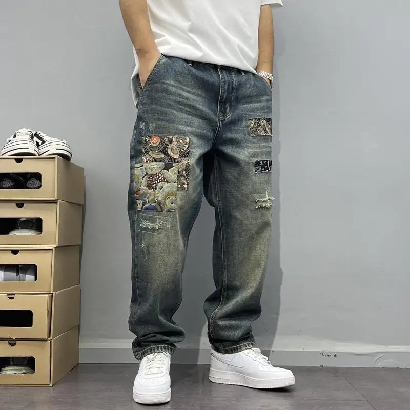 Jean ample à jambes droites pour hommes, rétro américain, avec trous déchirés, tissu patch, pantalon Long polyvalent, été 2025
