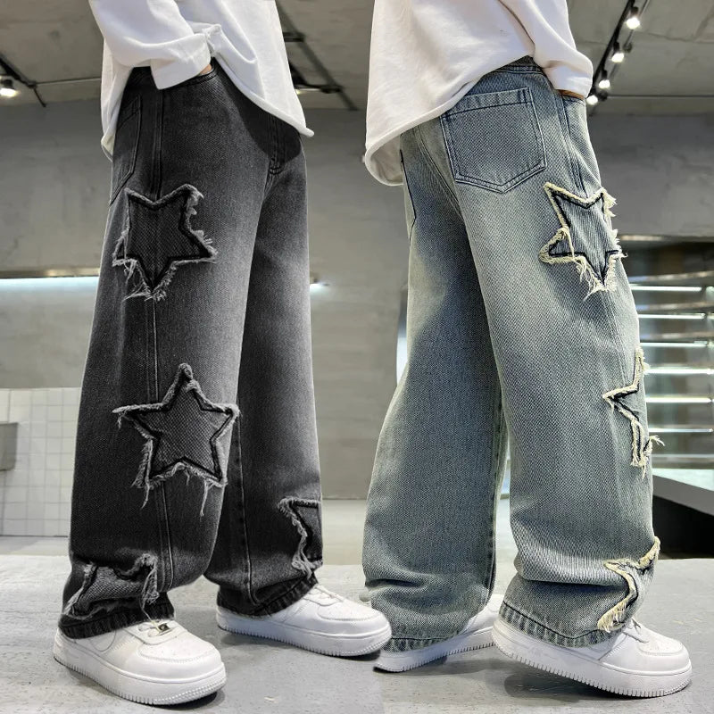 Nouvelle mode adolescents garçons Denim pantalons à jambes larges enfant pantalon printemps automne étoile épissage bord brut jean 5-14 ans enfants pantalons