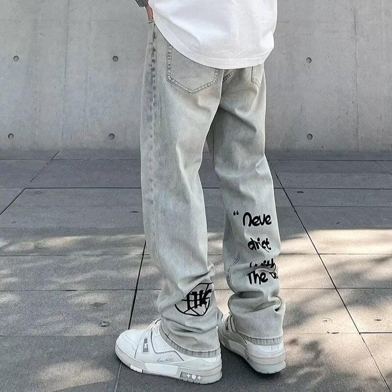 Jean Baggy avec lettres gothiques américaines pour hommes, pantalon en Denim droit rétro Harajuku Y2K, Hip Hop, mode imprimée