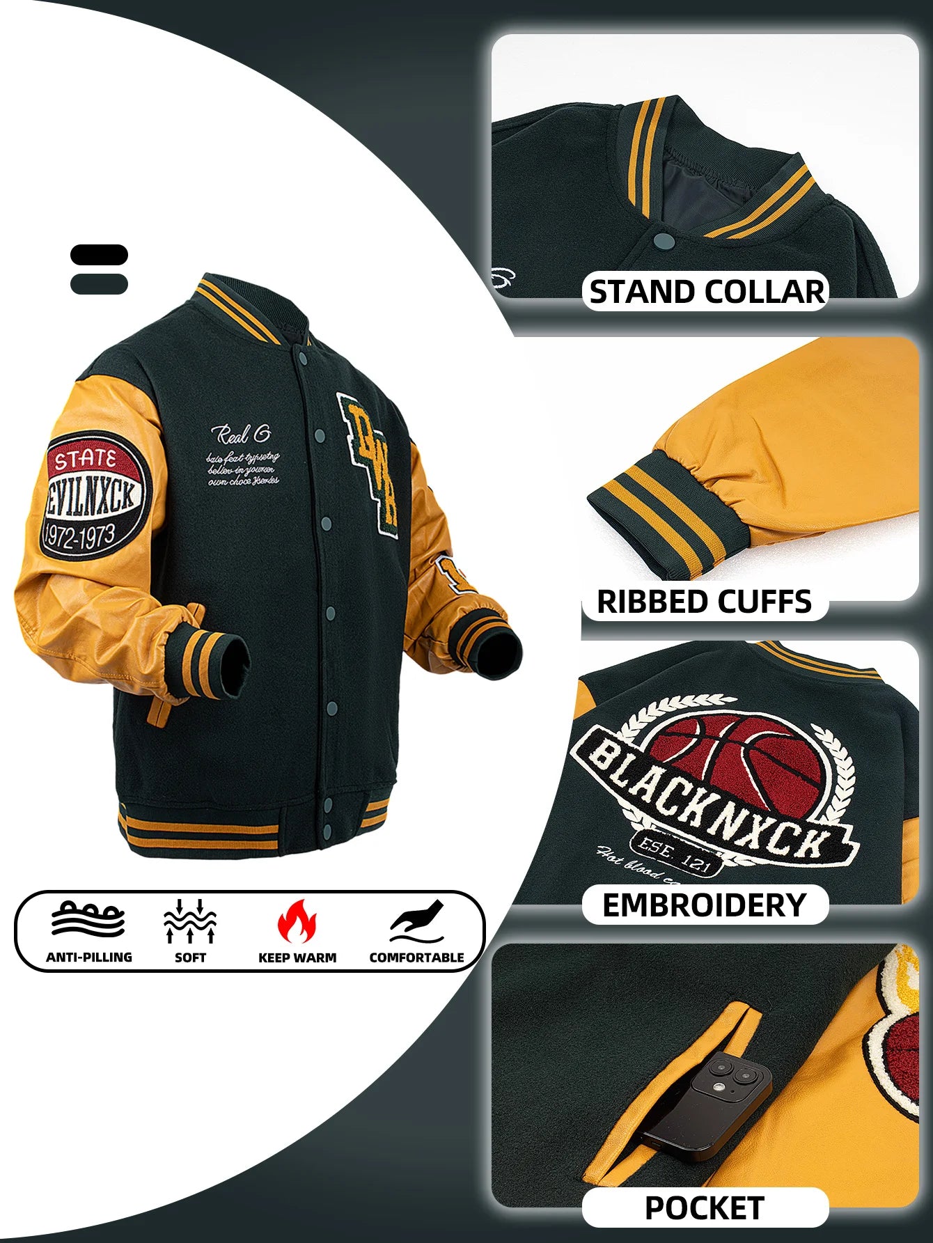 Veste décontractée pour hommes Bomber brodé veste universitaire coupe-vent BomberStyle flamant basket-ball couleur bloc vêtements d'extérieur