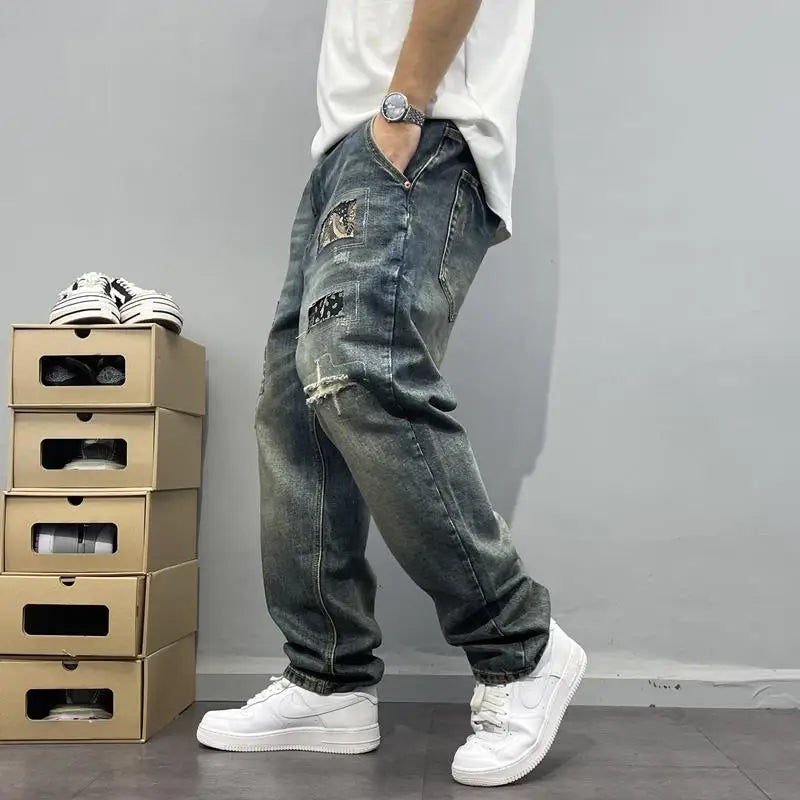 Jean ample à jambes droites pour hommes, rétro américain, avec trous déchirés, tissu patch, pantalon Long polyvalent, été 2025