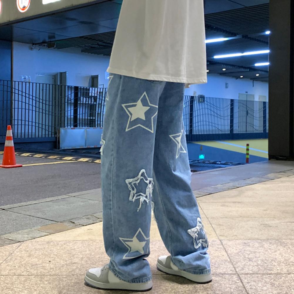Pantalon en Denim pour hommes, motif étoile à cinq points, broderie, jambes larges, Streetwear, couleur unie, taille moyenne, Baggy, jean droit