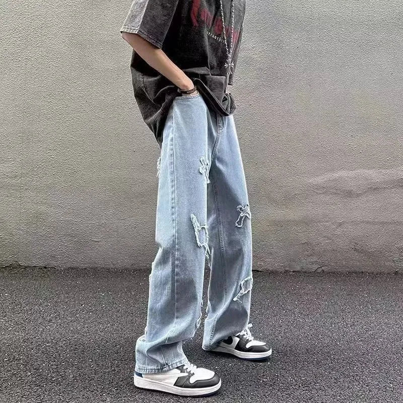 Jean en Denim à jambes droites pour hommes, nouvelle mode décontractée, ample, pantalon Y2k, jambes larges, Hip Hop, noir, bleu
