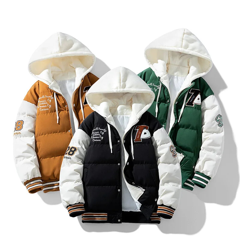 2025 nouvelle veste en coton hommes hiver jeunesse épaissi vers le bas manteau à capuche faux deux pièces mode Parka décontractée vêtements d'extérieur chauds grande taille