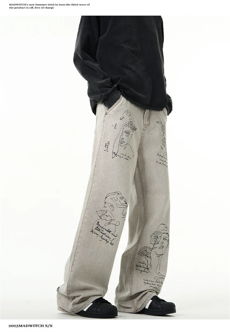 Jean imprimé graphique graffiti rétro américain pour hommes, pantalon en denim baggy, mode Harajuku, streetwear Y2K, DistMurcia, fjgy