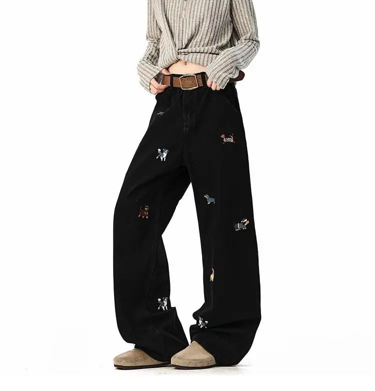 【Mirrordust】 Jean Vintage brodé de Style américain pour hommes, pantalon ample à jambes larges, polyvalent, longueur au sol