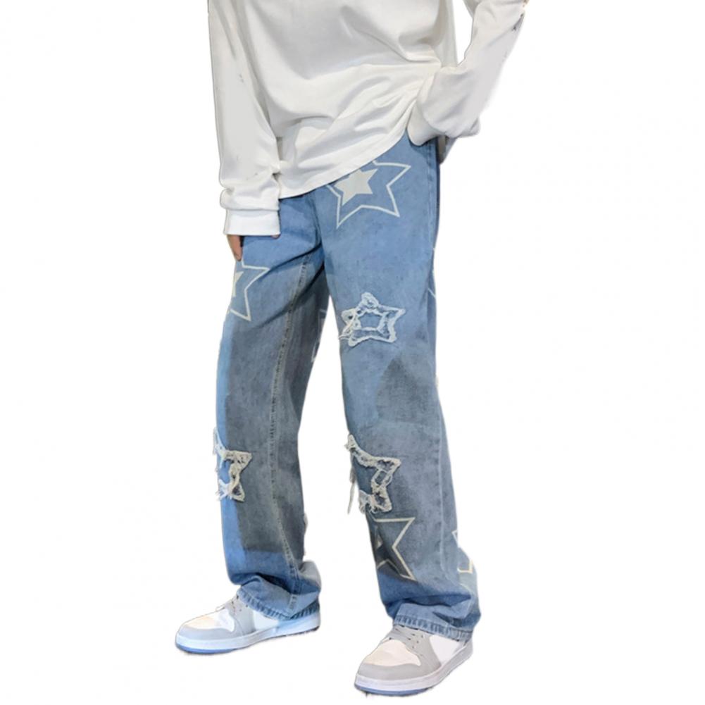 Pantalon en Denim pour hommes, motif étoile à cinq points, broderie, jambes larges, Streetwear, couleur unie, taille moyenne, Baggy, jean droit