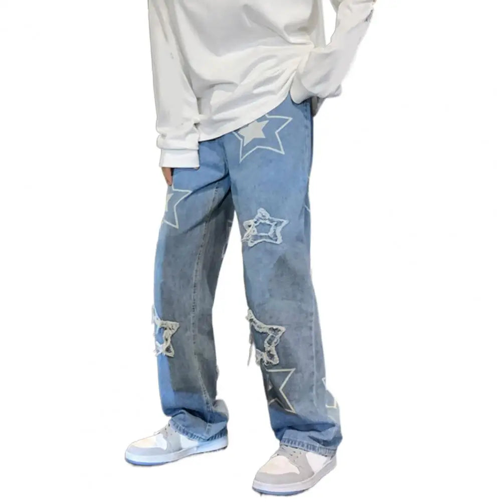 Pantalon en Denim pour hommes, motif étoile à cinq points, broderie, jambes larges, Streetwear, couleur unie, taille moyenne, Baggy, jean droit