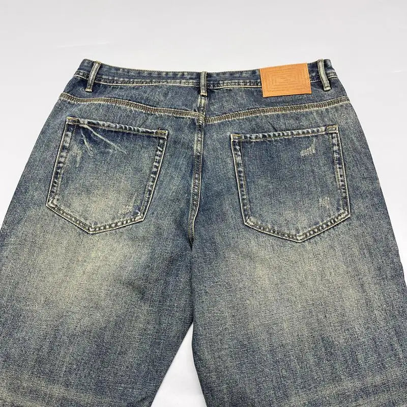 Jean ample à jambes droites pour hommes, rétro américain, avec trous déchirés, tissu patch, pantalon Long polyvalent, été 2025